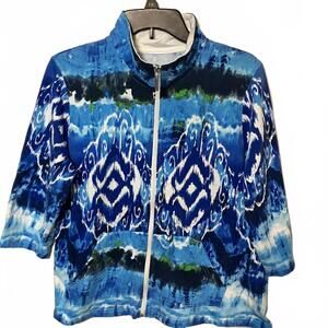 Onque Casuals Colorful Blue Abstract Artsy Zip-Up 3/4 Sleeves Jacket Size Large